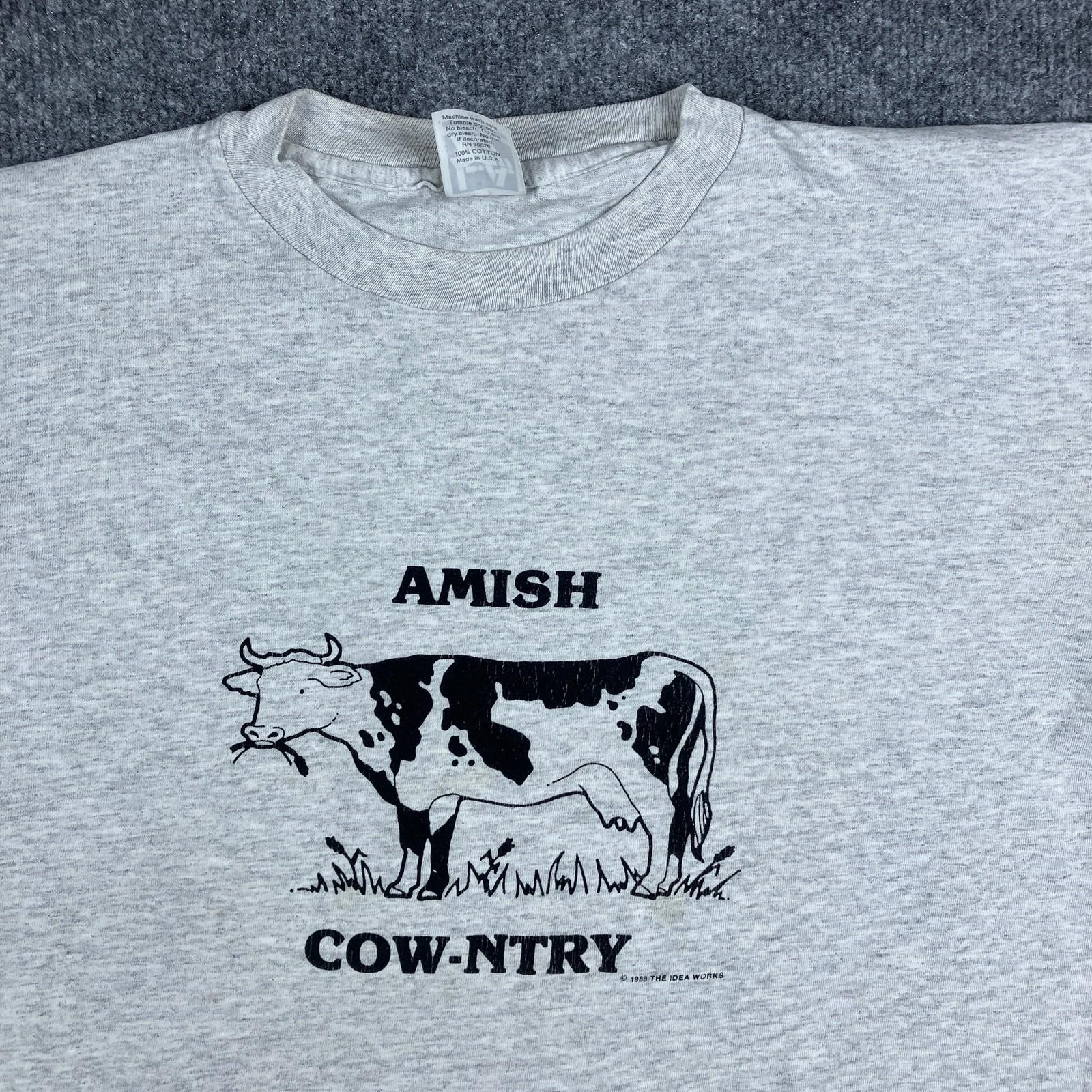 Funny T-Shirt Mens XL Gray Amish Cow-ntry Graphic Tee Farm Humor Cow S