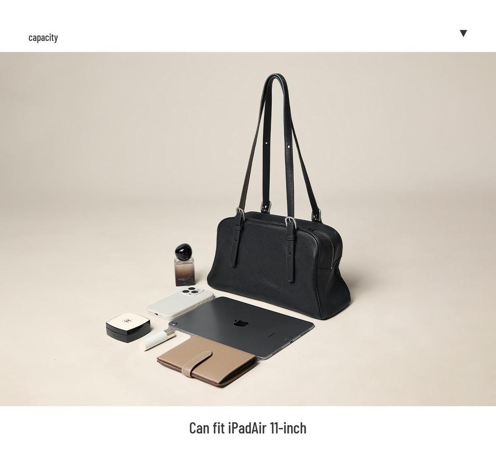 Bolsa de Bowling Casual Retrô Qiu Zhen Youyou Feminina – Bolsa de Mão e Bolsa de Ombro de Couro de Cordeiro Genuíno de Grande Capacidade