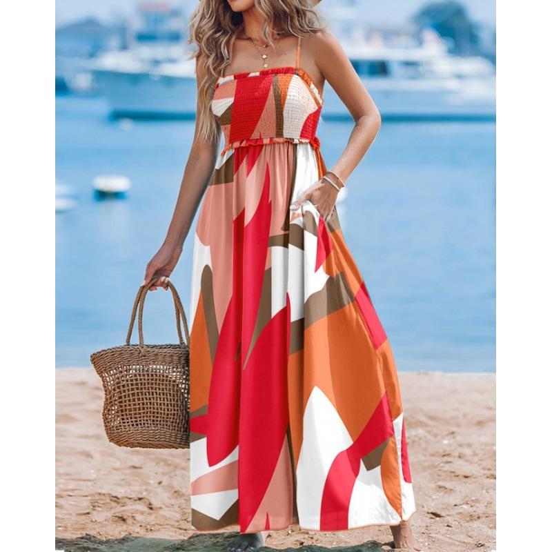 Printed Sleeveless Dress High-waisted Summer Slimming Beach Vacationbeach Halter