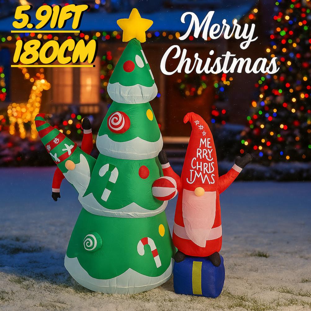 5.91FT Christmas Inflatable Toy Xmas Tree Gnome With LED Light Decoration for Yard Lawn Home Party Xmas Supplies Ornaments Gifts