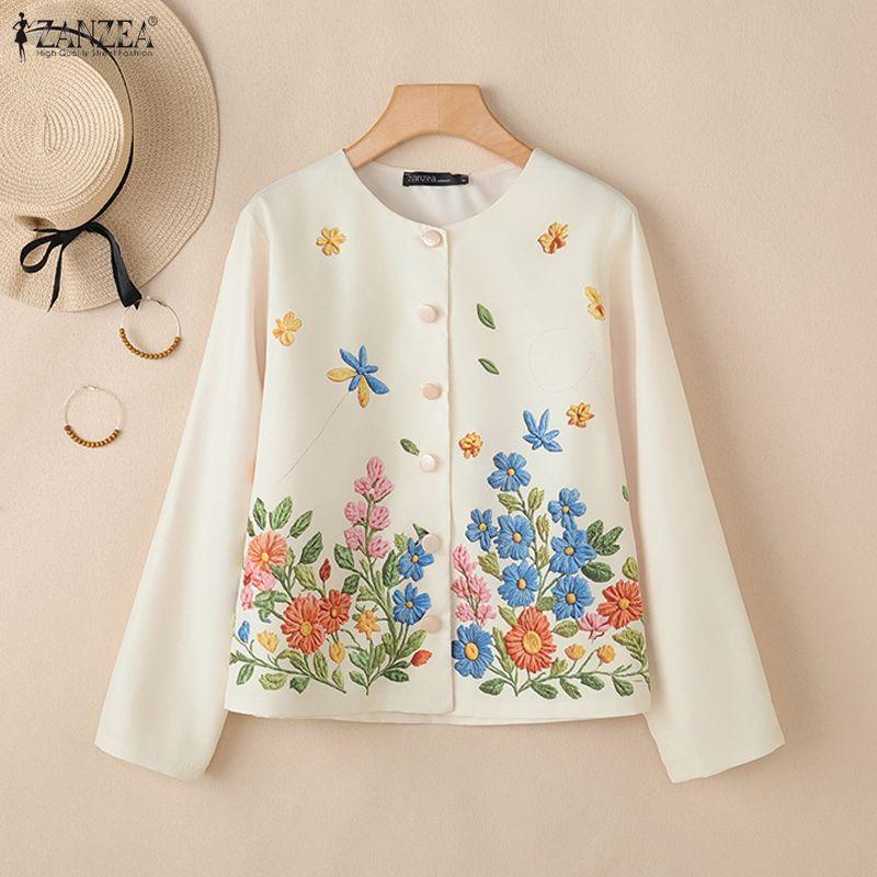 ZANZEA Women Round Neck Long Sleeve Loose Floral Print Blouse