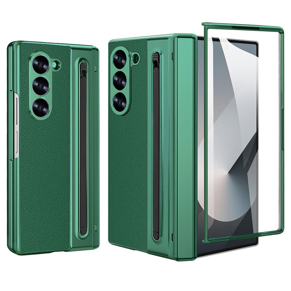 

For Samsung Galaxy Z Fold6 5G Case PU+PC+Tempered Glass Phone Cover with Stylus Green