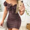 Dulce Decoración de Lazo Vestido Mini Ajustado Estampado de Cuadros Vestido Bodycon con Hombros Descubiertos Ropa Femenina