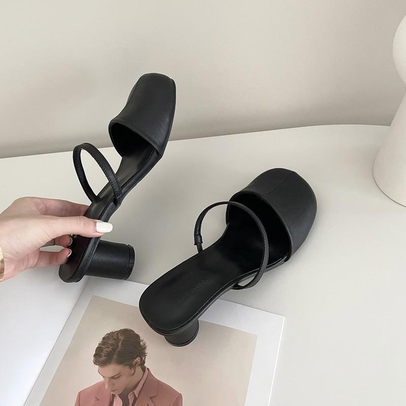 Fashion New Red Black Round Heel Minimalist Sandals Summer Women's Coarse Solid Color Fashionable French High-heel Slippers Size 39