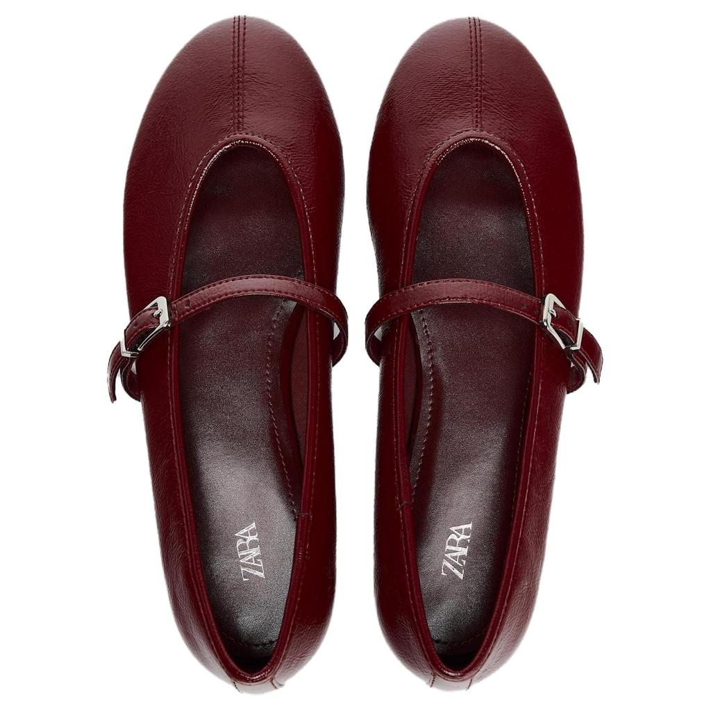Zara Round Toe Flat Versatile Patent Effect Ballet Mary Jane Shoes Women Shoes Red 12504510-38