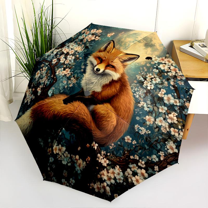 0106 Cherry Blossom Fox Pattern, Automatic Folding Umbrella, Portable and Foldable Design, 8 Ribs, a Christmas or Birthday Gift.