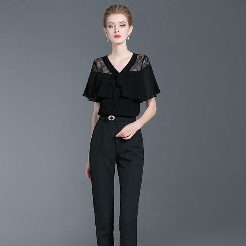 Black Lace Tops Ladies Summer Temperament V-neck Ruffle Chiffon Shirt Short-sleeved Slim T-shirt Niche Chic Peplum Temperament Temperament T-shirt