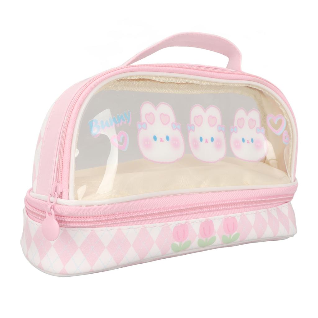 Cute Rabbit Pen Bag Rabbit Pattern Double Layer Waterproof Transparent Kawaii Pencil Case Pink