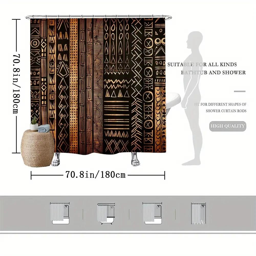 African Tribal Shower Curtain Black Gold Ethnic Art Decor Bathroom Fabric Panel With Hooks Washable Fade Resistant Modern