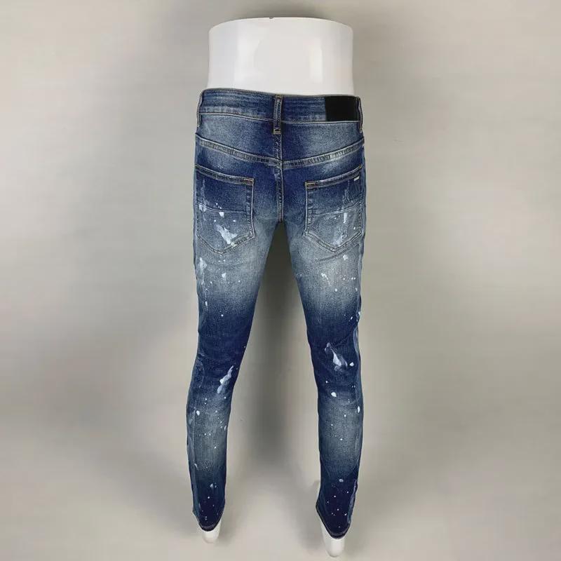 Trendy Blaue Distressed Ripped Skinny Jeans für Herren mit Farbdruck