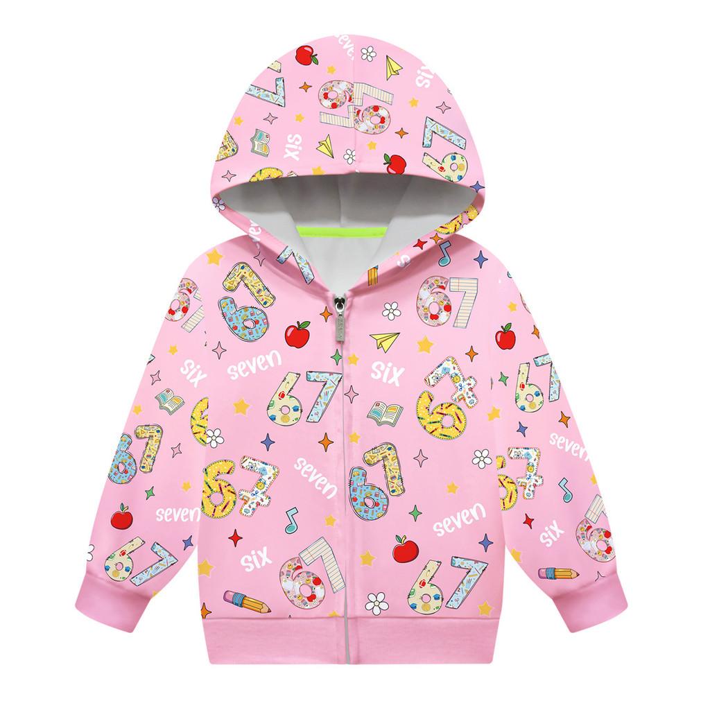 Children Girls Steal a Brainrot 67 Six Seven Printed Hooded Zipper Long Sleeves Jacket