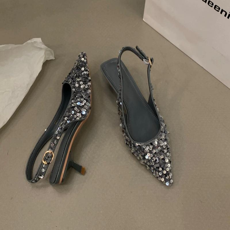 Fashion SUOJIALUN 2025 New Bling Women Sandal Fashion Pointed Toe Shallow Slip On Ladies Elegant Slingback Shoes Med Heel Pumps Shoes