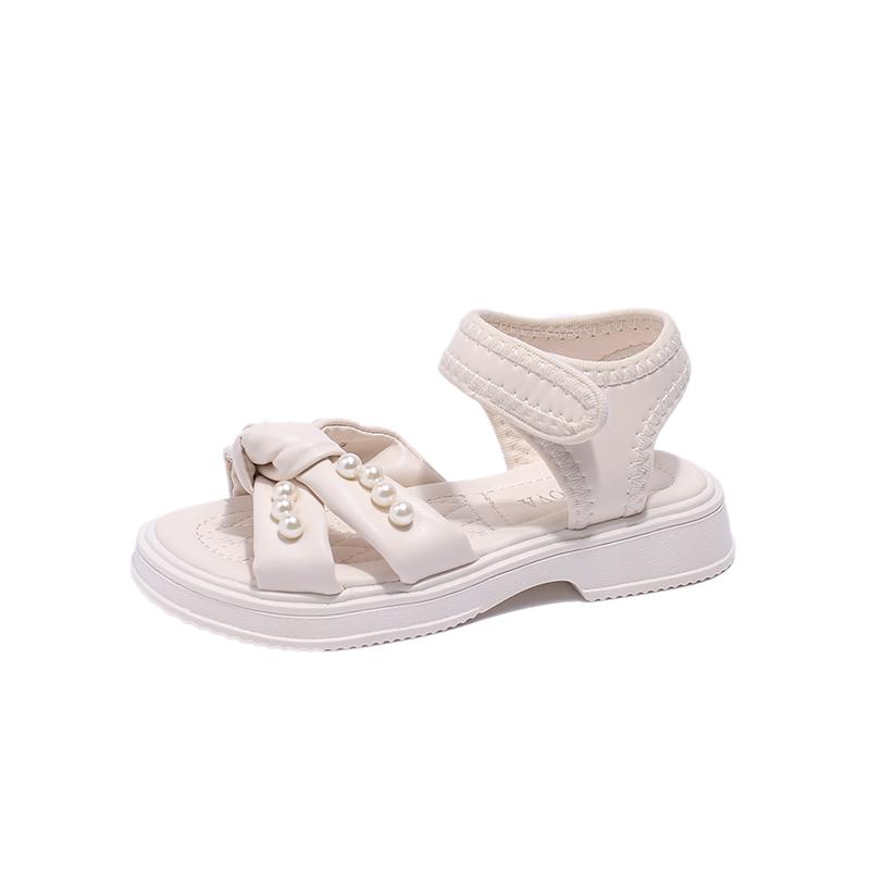 Girls Beach Shoes Soft Sole Non-slip Kids Princess Shoes Sweet Pearls 2025 Summer Children Sandals Soild Color Versatile Trendy