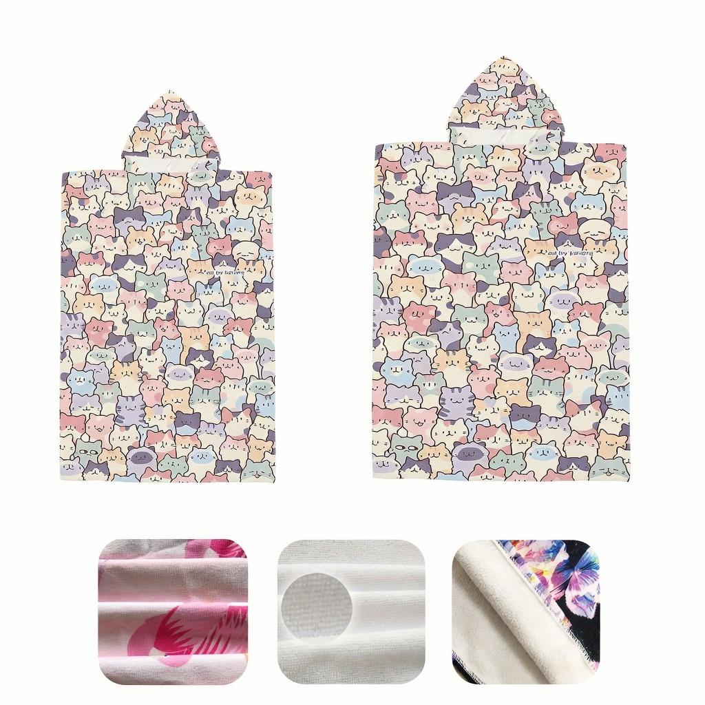 Kawaii Kitten Print Hooded Beach Towel Quick Dry Microfiber Bath Robe Poncho Flat Print for Swimming Pool Outdoor Party Gift