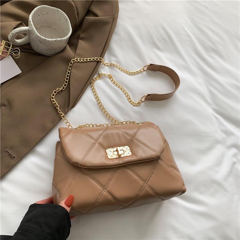 Stylish Pu Leather Quilted Chain Crossbody Bag For Women Trendy Shoulder Handbag хаки