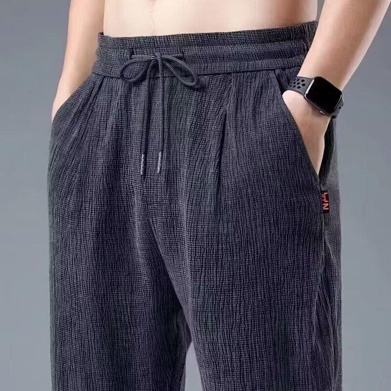 Summer Ice Silk Man Jogger Linen Pants Casual Wide Summer Sweatpants Spring Lightweight Halking Trousers
