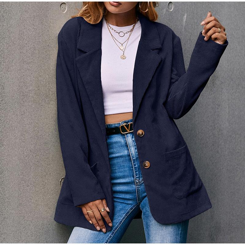 Corduroy Women Coat Autumn Winter Solid Color Long Sleeve Coats with Pockets Buttons Business Lady Outwear