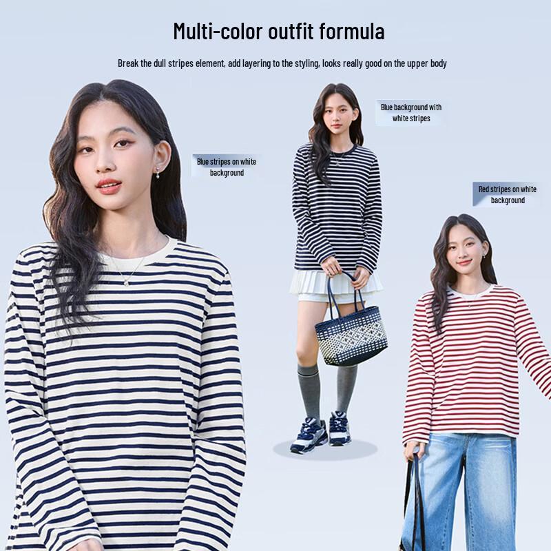 MINISO Women's Striped Cotton Long-Sleeve T-Shirt