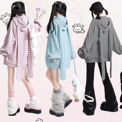 Y2k Herfst Schattige Losse Streep Konijnenoren Gebreide Hoodies Vrouwen Capuchon Rits Sweatshirts Cardigan Jas Kpop Kawaii Kleding
