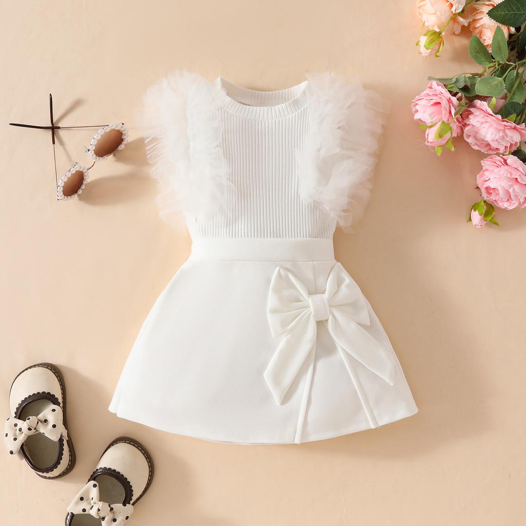 Conjunto de verão para meninas de 6 meses a 3 anos, blusa sem mangas + saia cor sólida com laço e bustiê