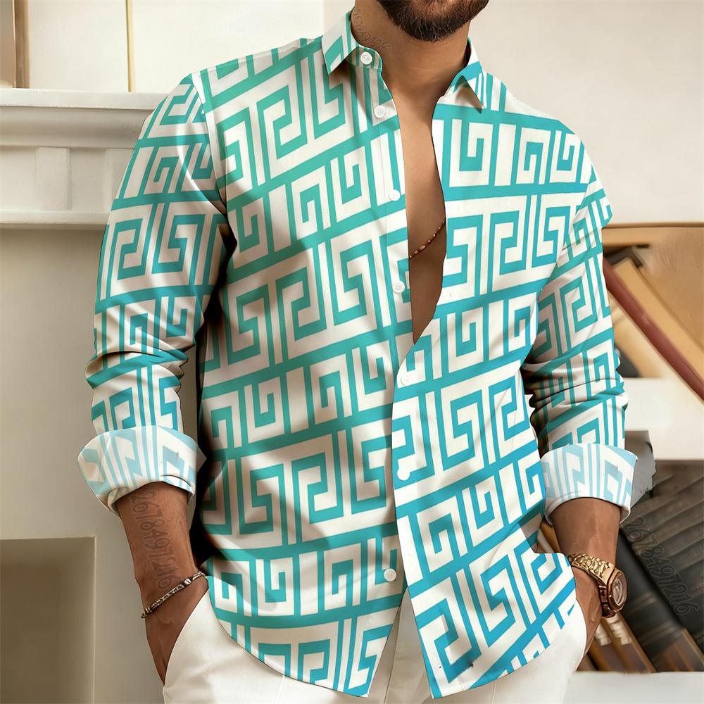 Herren Langarm Poloshirt, Vintage Print Stil mit Griechischem Schlüsselmuster, Elegantes, Bequemes und Stilvolles Herren Oberteil
