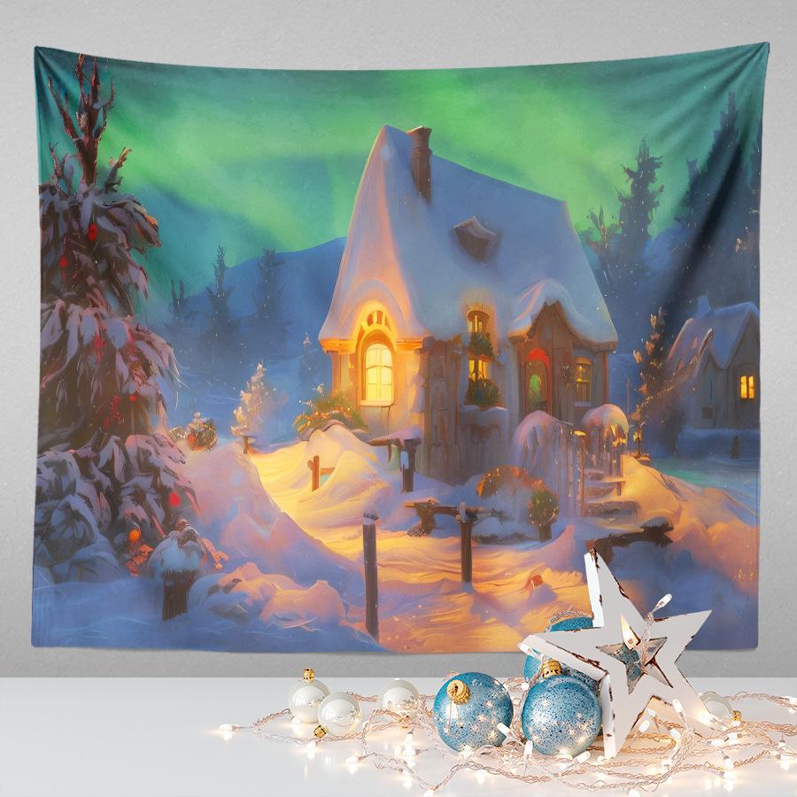 Amazon Festive Hanging Cloth Christmas Background Cloth Printed Cartoon Christmas Tree Snowman Tapestry