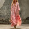 European and American Spring and Autumn New V-neck Pleated Striped Loose Casual Dress Women