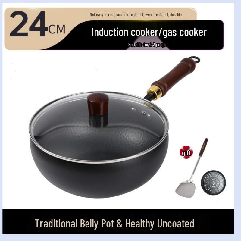 Zhangqiu Handgefertigter Antihaft-Eisen-Wok: 24CM Wok mit großem Bauch zum Pfannenrühren, für Gerichte, zum Schmoren & für Suppe.