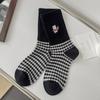 1-10Pairs Vintage Black White Plaid Mid Calf Socks for Women Autumn Winter Cute Cat Cartoon Design Cotton Long Socks