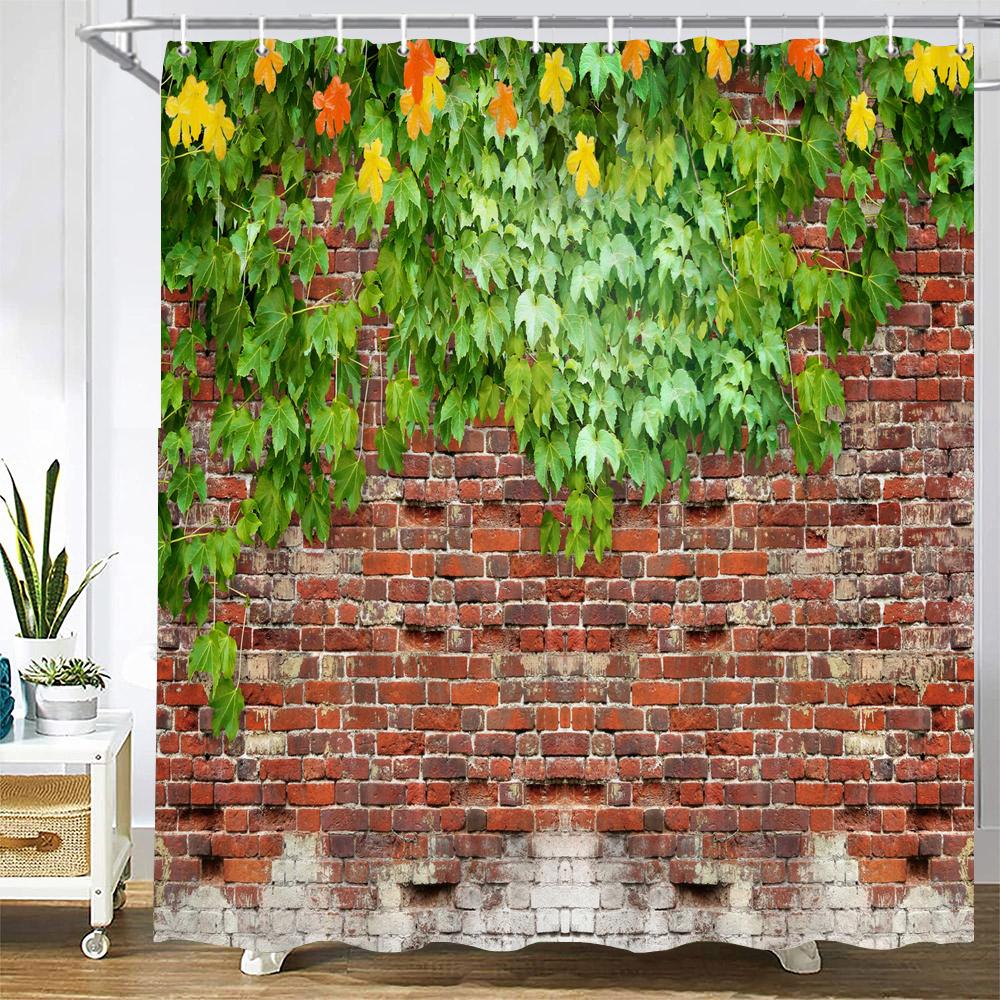 Retro Old Brick Wall Plant Printing Fabric Waterproof Shower Curtain Bathroom Curtains Bathtub Decor Bath Screen with 12 Hooks