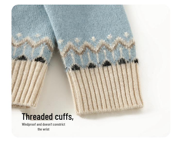 Women's Thickened Fair Isle Cashmere Pullover Sweater - Round Neck, Long-Sleeve, Double-Ply Wool Jacquard