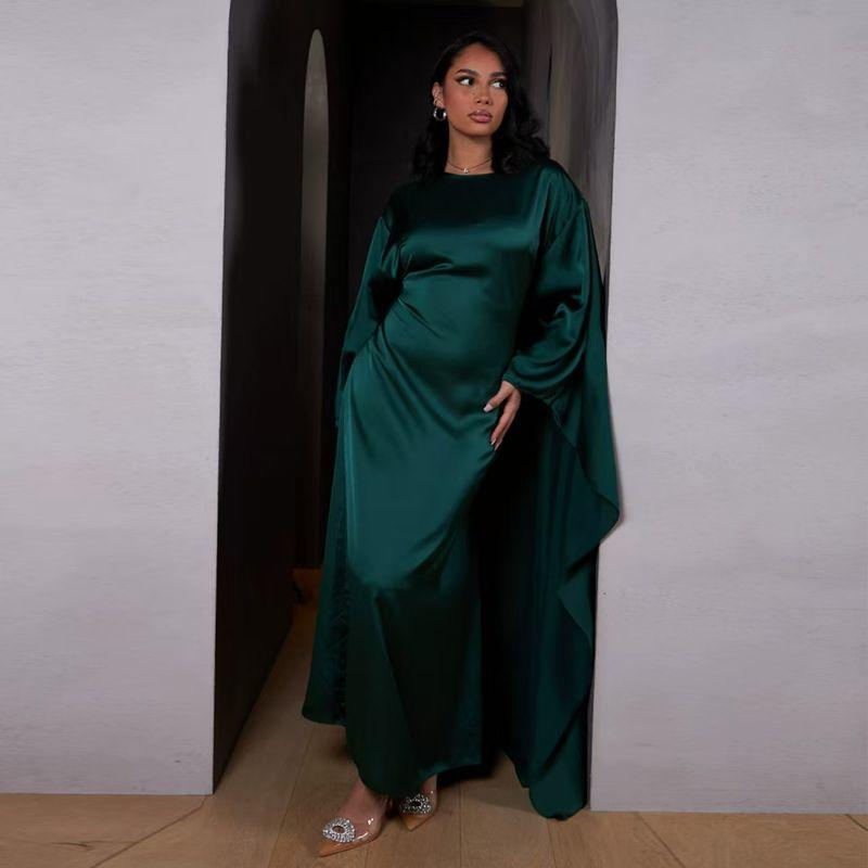 

New Middle East Dubai Party Stretch Satin Robe Dress Solid Color round Neck Dress Dark green 1 yard