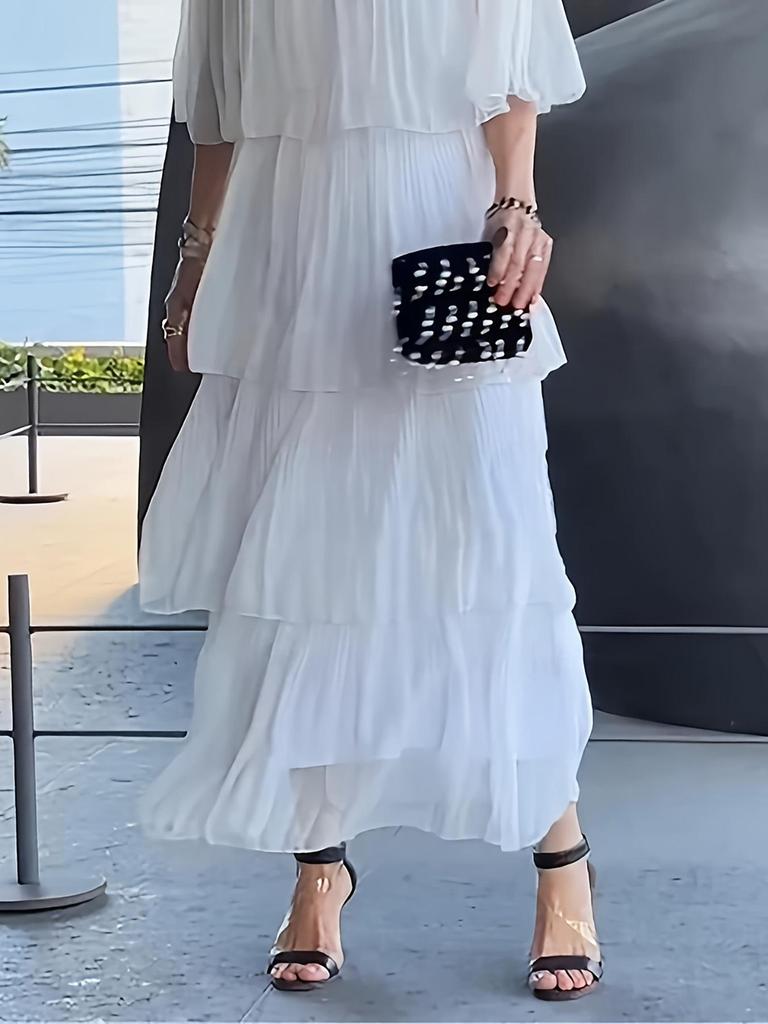 Women's White Chiffon Ruffle Layered Half Sleeve Maxi Dress