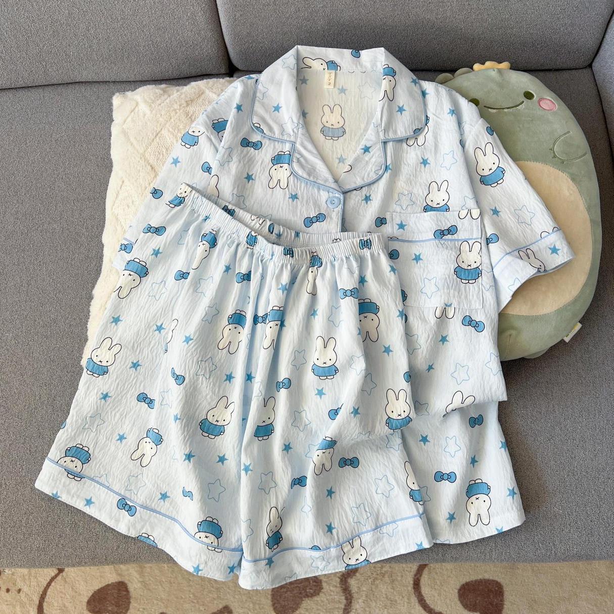 

Summer new blue Miffy rabbit pajamas women s summer cardigan short-sleeved shorts two-piece loungewear XXL