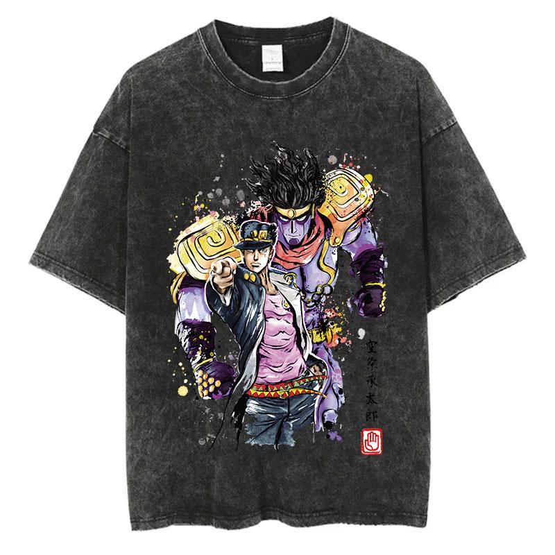 Vintage Washed TShirt Men Summer Hip Hop Streetwear T-shirt JoJo Bizarre Adventure Anime Print Cotton Casual Short Sleeve T-shirt Daily Wear Cool Top