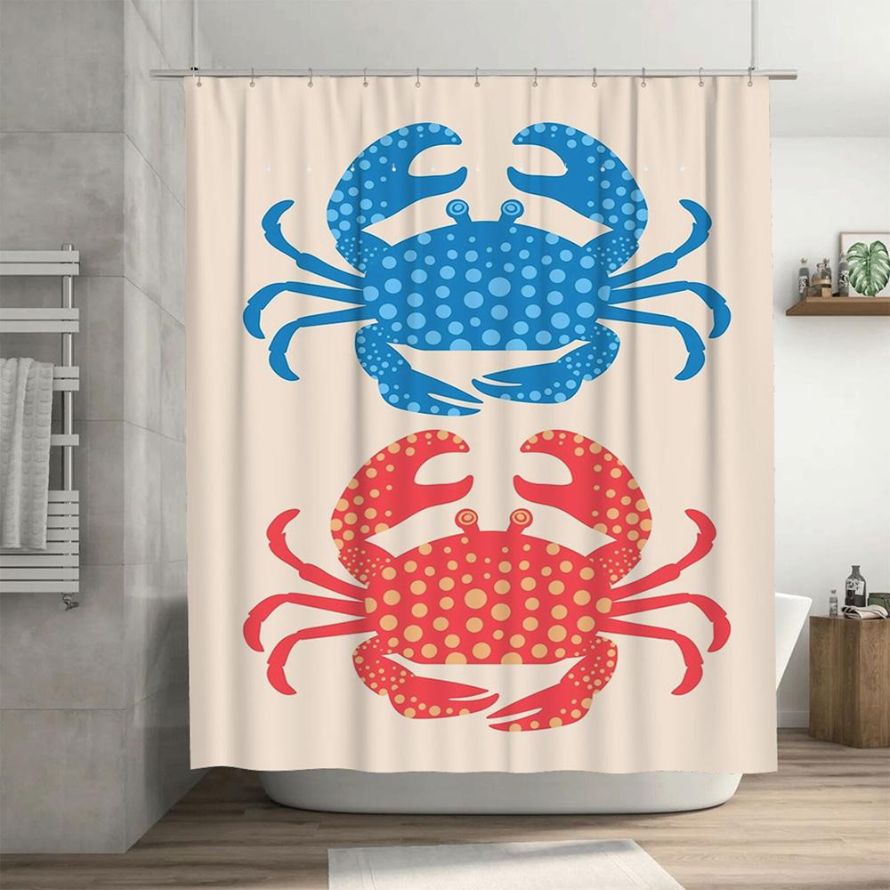Bathroom Decor Shower Curtain Modern Blue Red Crab Print, Waterproof Fabric, Suitable for Kids Bathrooms