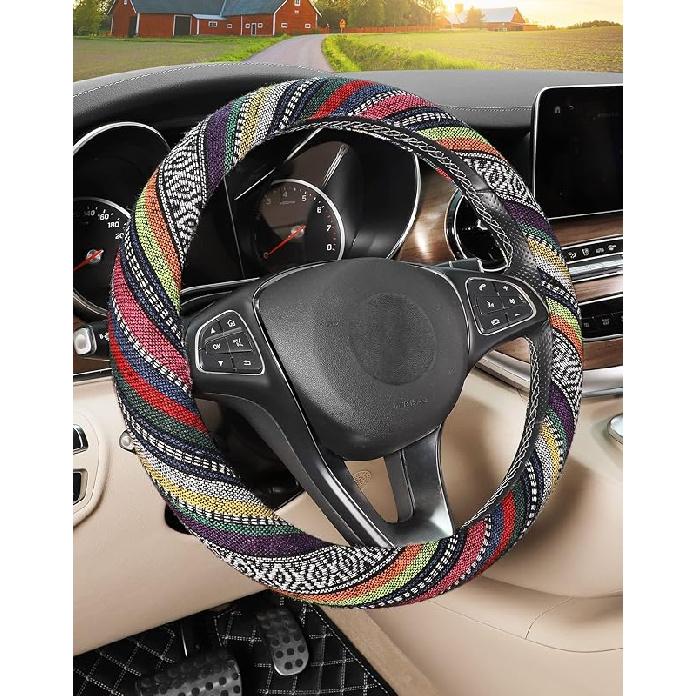 SEG Direct Boho Steering Wheel Cover With Baja Blanket Cloth, Ethnic Style Auto Wheel Cover Made Of Coarse Flax, Fits 14 1/2-15 1/4 Inches Car Wheel