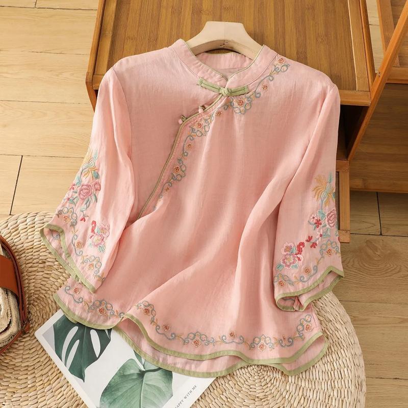 New summer diagonal placket embroidered cotton and linen short sleeves loose and thin women's clothing retro top buckle literature and art