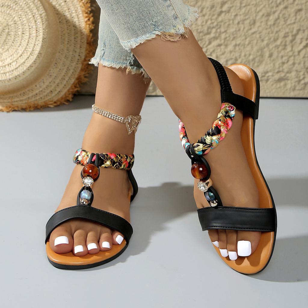 Women's Summer Boho Flat Sandals, Colorful Beaded Beach Shoes, Plus Size Wide Width with Elastic Strap & Tassel