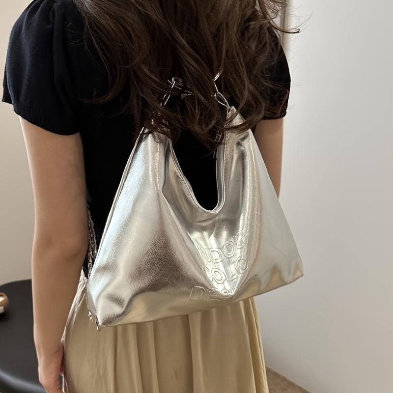Stylish Silvery Large Capacity Handbag Versatile Crossbody & Shoulder Carry, Durable with Polyester Lining, Zipper Closure