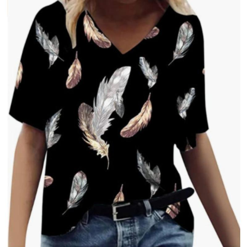 Summer V-neck 3D Feather Flower Printed Top Fashionable Casual Short Sleeved Women's T-shirts