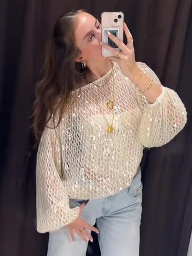 2025 Herbst Damen Casual Pailletten Mesh Top - Europäischer und Amerikanischer Stil