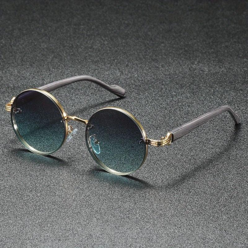 Fashionable Trendy Elegant Retro Round Punk Metal Wood Grain Mirror Leg Sunglasses Unisex Decorative Sunglasses