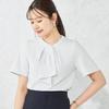 blouse with bowtie and ruffled cool to the selectable for L gray [Aoki] Short-sleeved frills, touch, washable, design, cut-and-sew, work, office,