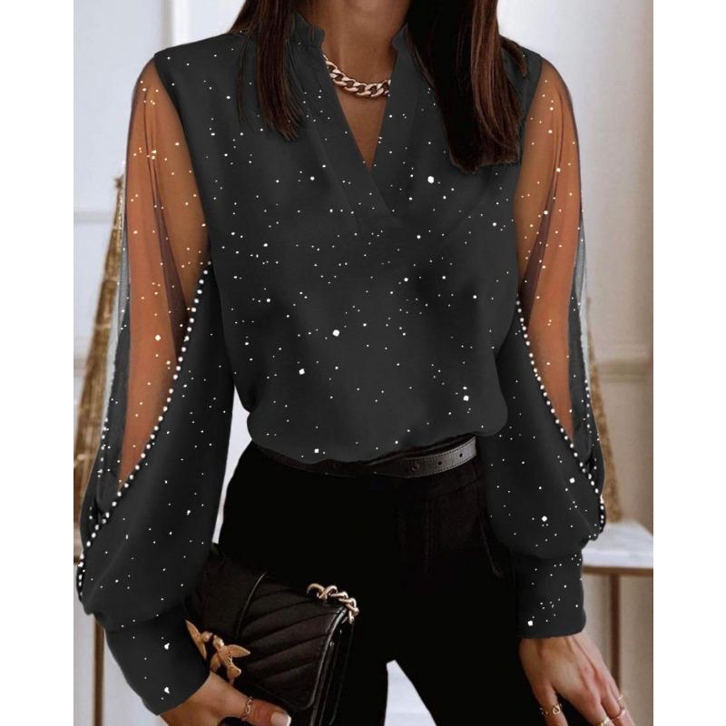 New Spring Autumn Long Sleeve Lace Mesh Patchwork Shirt Fashion V-neck Loose Office Blouse Swet Elegant Streetwear Casual Tops Women's Clothing