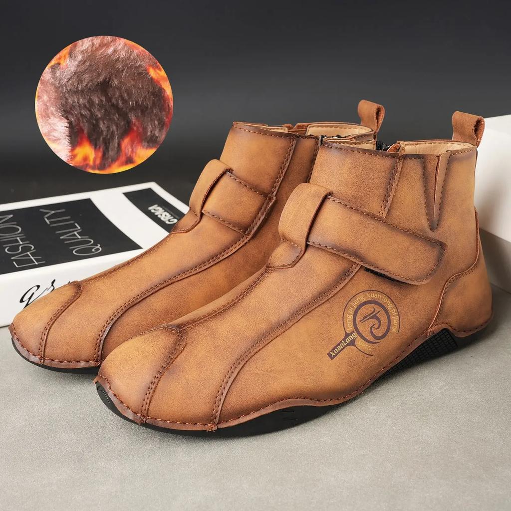 Men Short Boots Autumn Winter New  Fashion British Style Retro Flat Bottom Plush Warm Comfortable Shoes Outdoor Casual Shoes