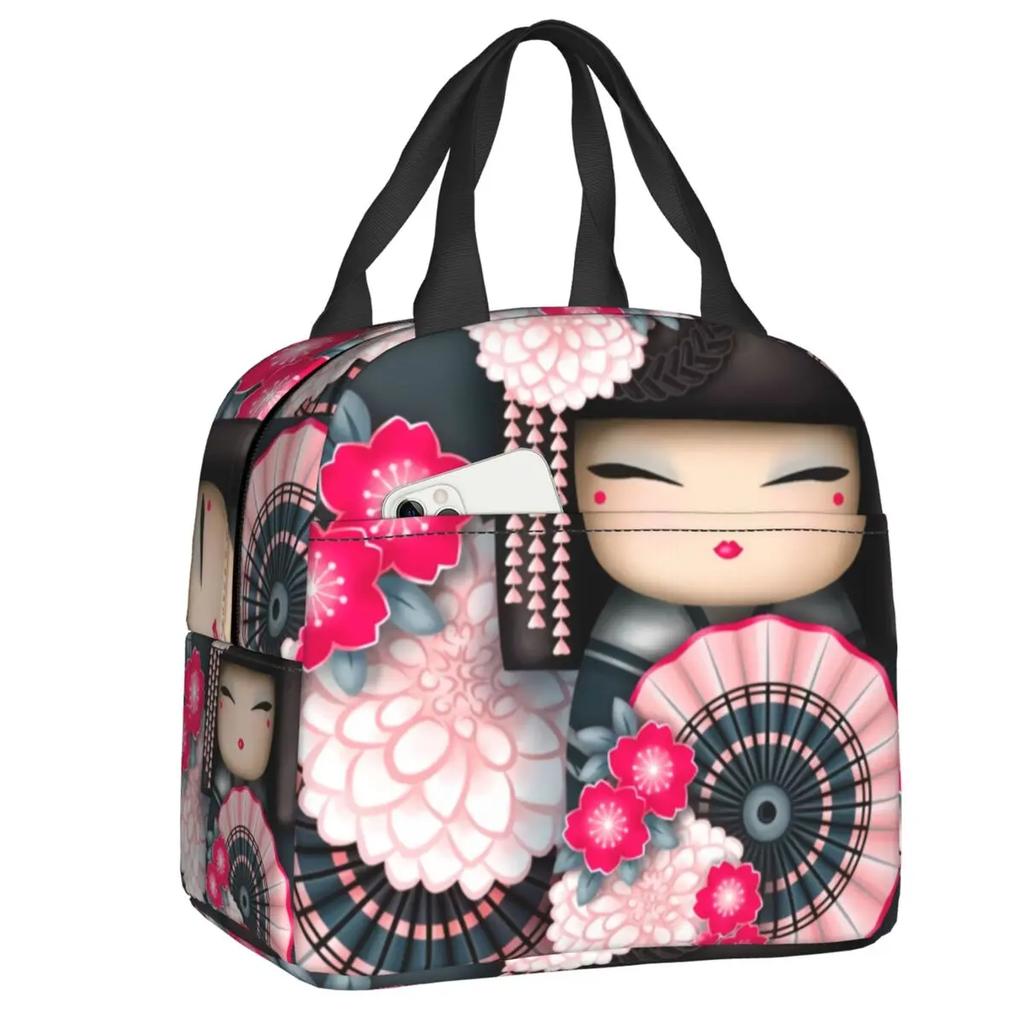 Japanese Spring Kokeshi Doll Insulated Lunch Bags Cute Girly Sakura Cherry Blossom Resuable Thermal Cooler Bento Box