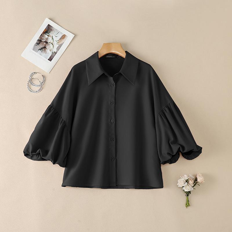 ZANZEA Women Casual Turn Down Collar Loose Puff 3/4 Sleeve Plain Blouse