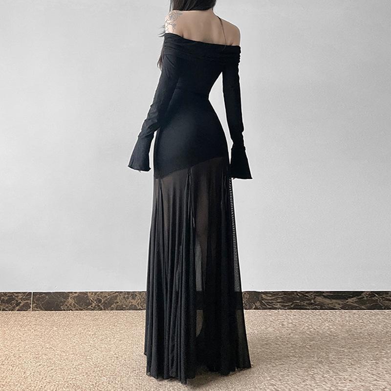 Chic Mesh Splicing One-Shoulder Trumpet Sleeve Dress