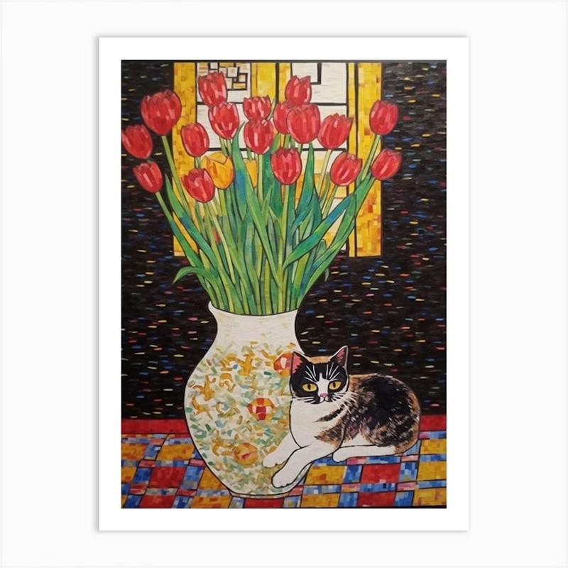 Vintage Bouquet Flower Lotus Lilies With A Cat Art Nouveau Klimt Style Art Print Poster Canvas Painting Wall Picture Room Decor
